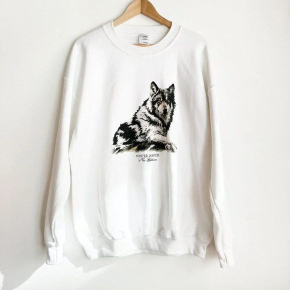 Vintage White Wolf Motif Sweatshirt Winter Watch by Vic Gibbons L - Picture 1 of 4
